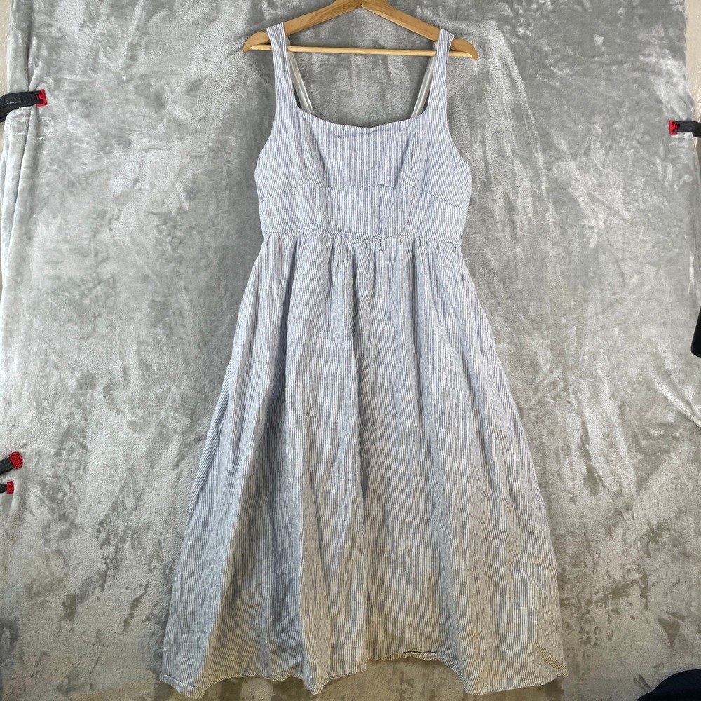Quince Fit & Flare Midi Dress Women L Blue Pinstripe 100% European Linen
